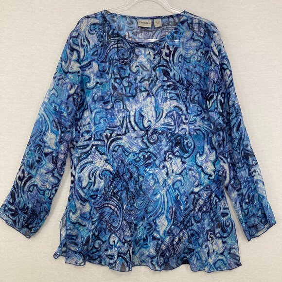 Chico's Large/2 Blue Abstract Pure Silk Tie Front Flowy Artsy Long Sleeve Top - Picture 1 of 11
